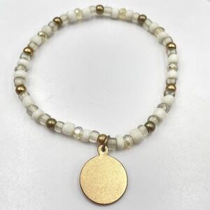 Vintage White Gold Tone Beaded Stretch Bracelet Blank Disc Charm Boho Stackable